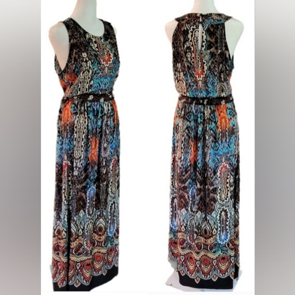 Maxi Dress with beaded waist,  peek-a-boo button back, sleeveless, New! Sz Lg